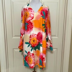 NWT Calvin Klein size 6 pink orange green long bell sleeve dress women’s $129